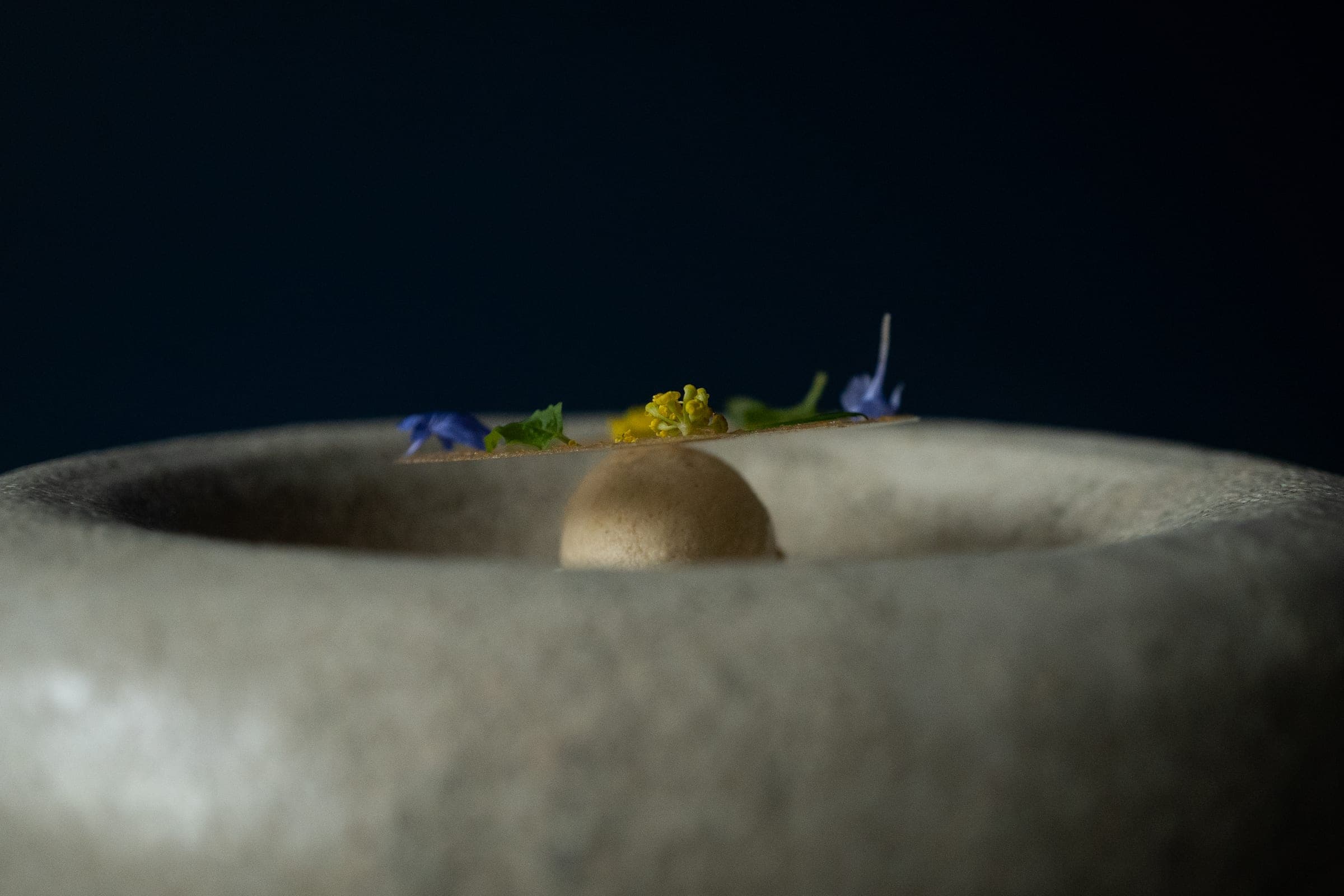 Mise en bouche délicate posée sur un mortier en pierre, fleurs et herbes fraîches